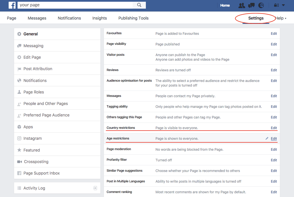 Facebook page settings